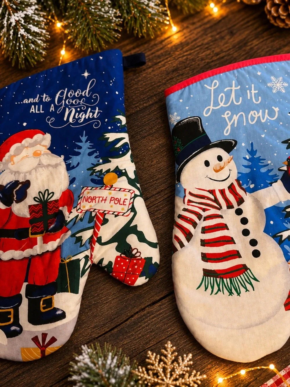 Holiday Oven Mitts - Blue Santa & Snowman Kitchen Mitts